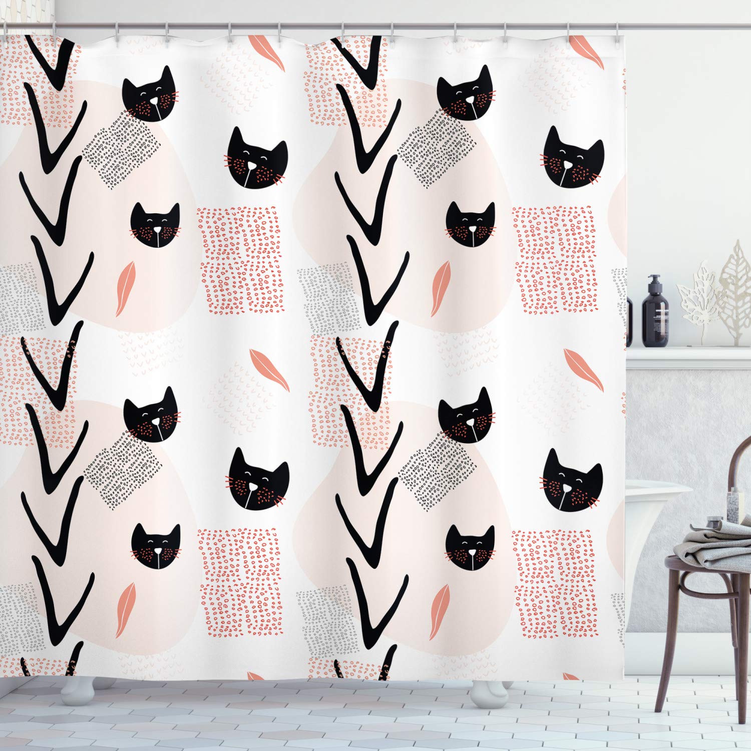 ABAKUHAUS Modern Shower Curtain, Cat Faces Dotted Whiskers Kittens Animals Kids Nursery Theme, Cloth Fabric Bathroom Decor Set with Hooks, 78 Inches, Dark Coral Black Peach — image 1