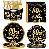 Lousuip 120Pcs 90th Birthday Party Supplies Plates Napkins Cups Forks Tableware Set Gold Black Happy 90th Birthday Themed Disposable Tableware Decoration Serves 24 Guests for Men Women 90 Years Old