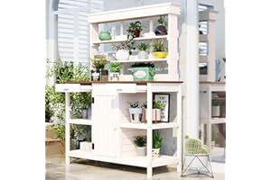 THCTVOUS 66” Large Outdoor Potting Table with 2 Drawers, Cabinet, Open Shelves, Wooden Potting Bench for Garden, Patio, Farmhouse, Backyard, Spacious Workstation (White, 66")