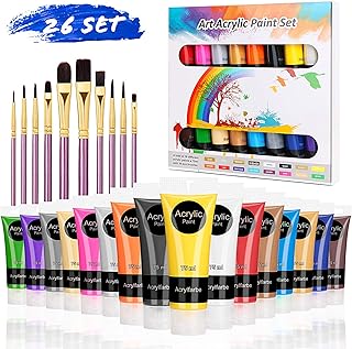 RATEL Acrylfarbenset, Premium 26 Acryl-Farbe-Set Bunt mit 16 x 75 ml Pigment +10 Pinselstift- vibrierende Farben Acrylfarben-Set für Papier, Stein, Holz, Keramik, Stoff, Kunsthandwerk