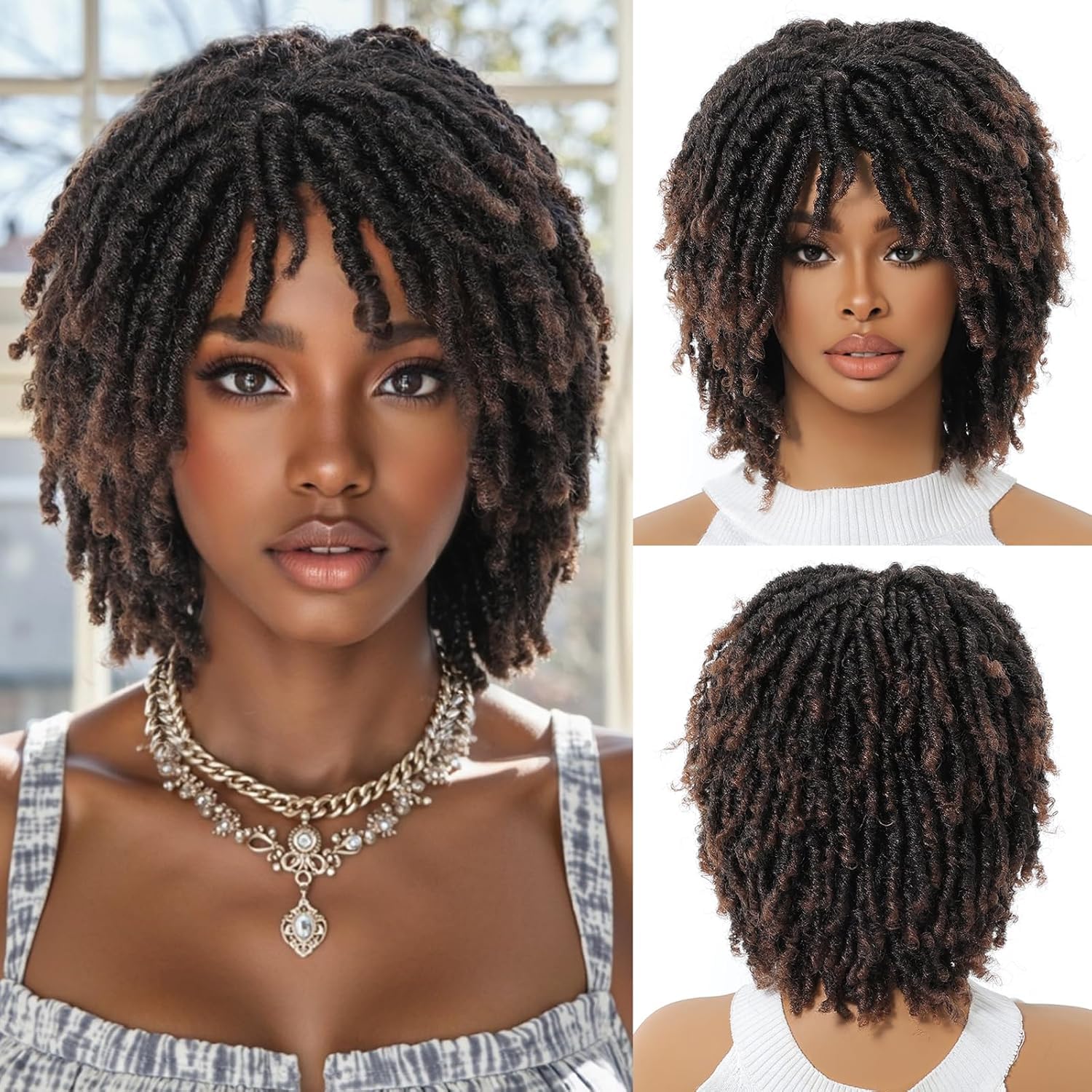 Creamily Dreadlock Wigs for Black Women and Men Short Short Afro Twist Faux Locs Braided Wigs Curly Big Afro Braided Wigs Faux Locs Twist Braiding Synthetic Wigs (Black to Brown)