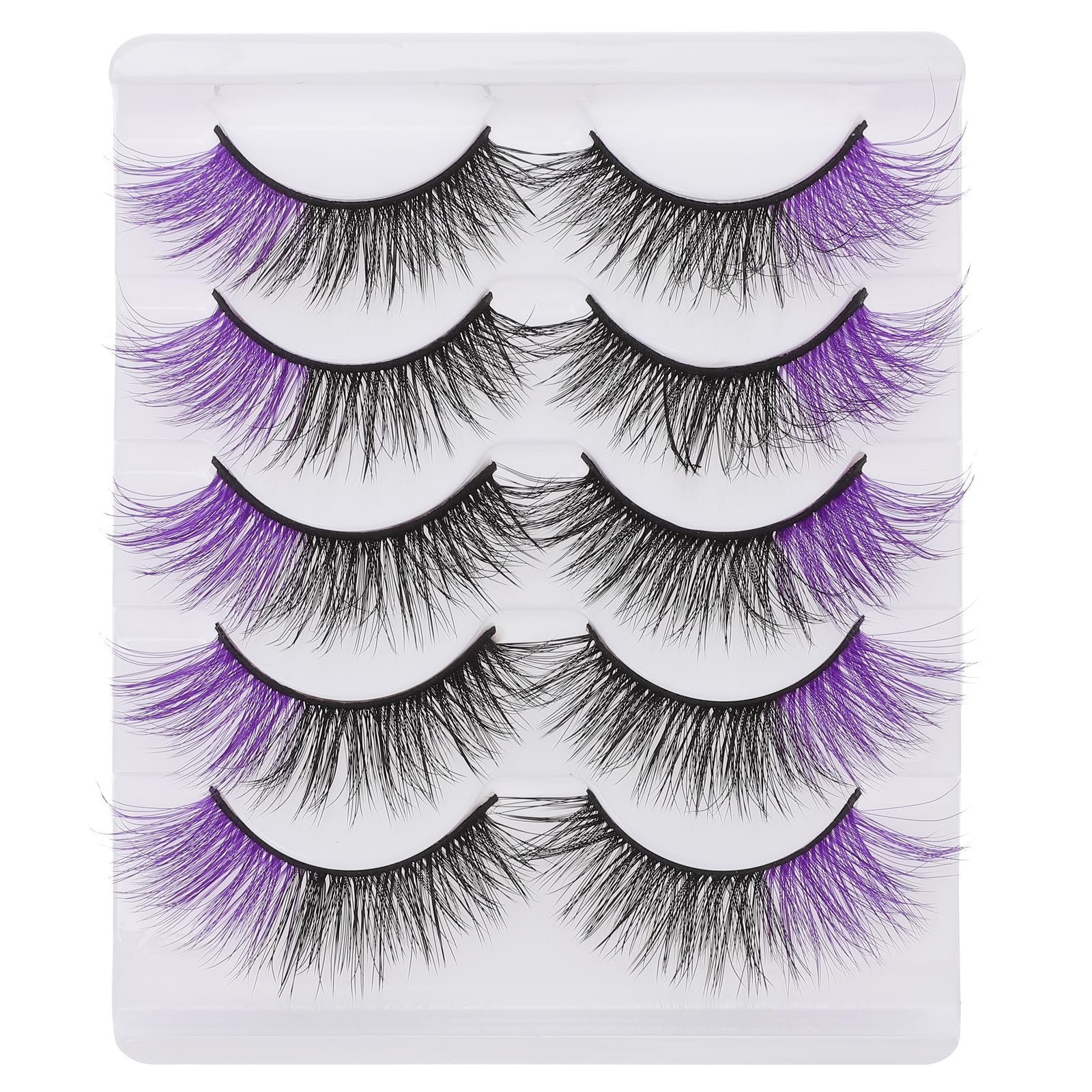 Housoutil Coloured False Eye Lashes, 5 Pairs Purple Strip Lashes, Artificial Halloween Makeup Eyelashes, Natural Three-Dimensional Half Eye Lashes