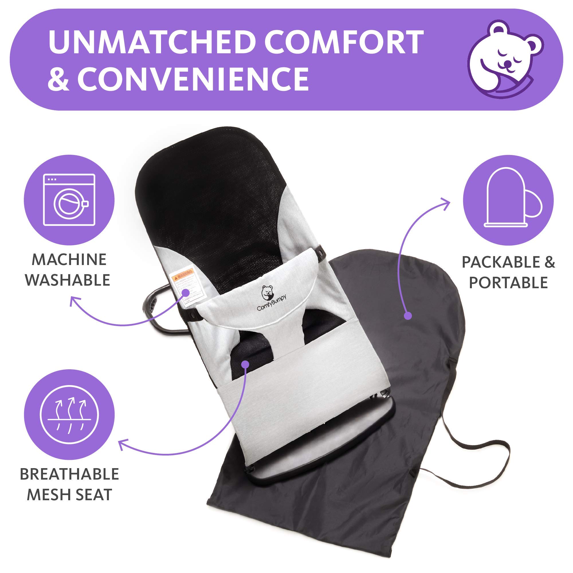 ComfyBumpy Ergonomic Baby Bouncer Seat - Bonus Travel Carry Case - Safe, Portable Bouncing Chair with Adjustable Height Positions - Infant Bouncy Seat Perfect for Newborn Babies (Grey)