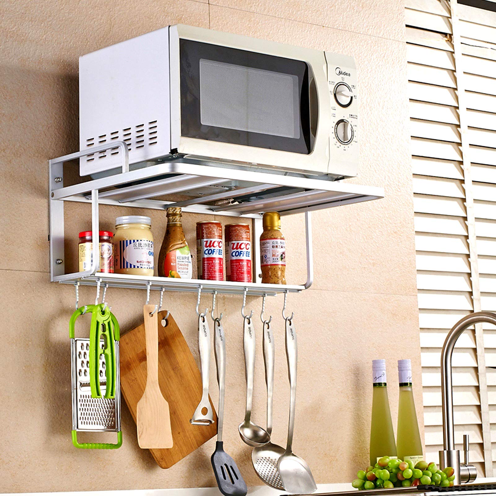 Greensen Microwave Wall Bracket - 2-Tier Aluminium Oven Holder with 10 Hooks, Kitchen Shelf Top 55 x 38.5 x 25 cm