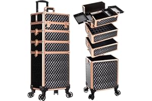 AROUS Rolling Makeup Train Case 4 in 1 Cosmetology Case on Wheels Large Storage Cosmetic Trolley with Key Salon Barber Case Traveling Cart Trunk,Gold&Black