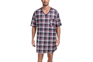 MoFiz Men's Nightshirt Soft Pajamas V Neck Short Sleeve Nightgown Loose Sleepwear Nightwear Comfy Sleep Shirt S-3XL