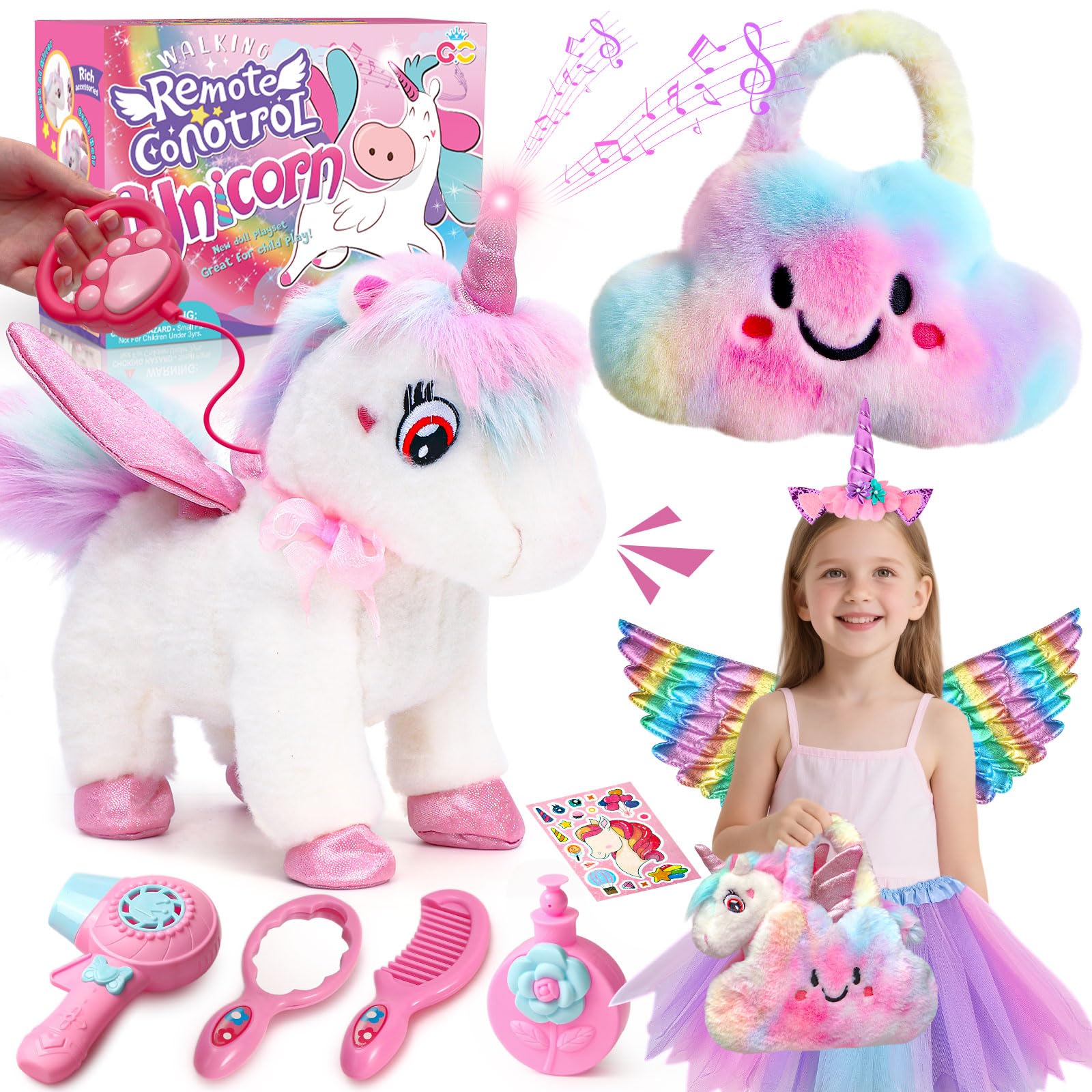 Unicorn Gifts for Girls Age 3 4 5 6 7 8，Electric Toys Walking Barking & Plush Handbag & Ballet Dress Up & Groom Accessories, Unicorn Stuffed Animal Soft Toys Birthday Gifts Girls 3+ Year Old Kids