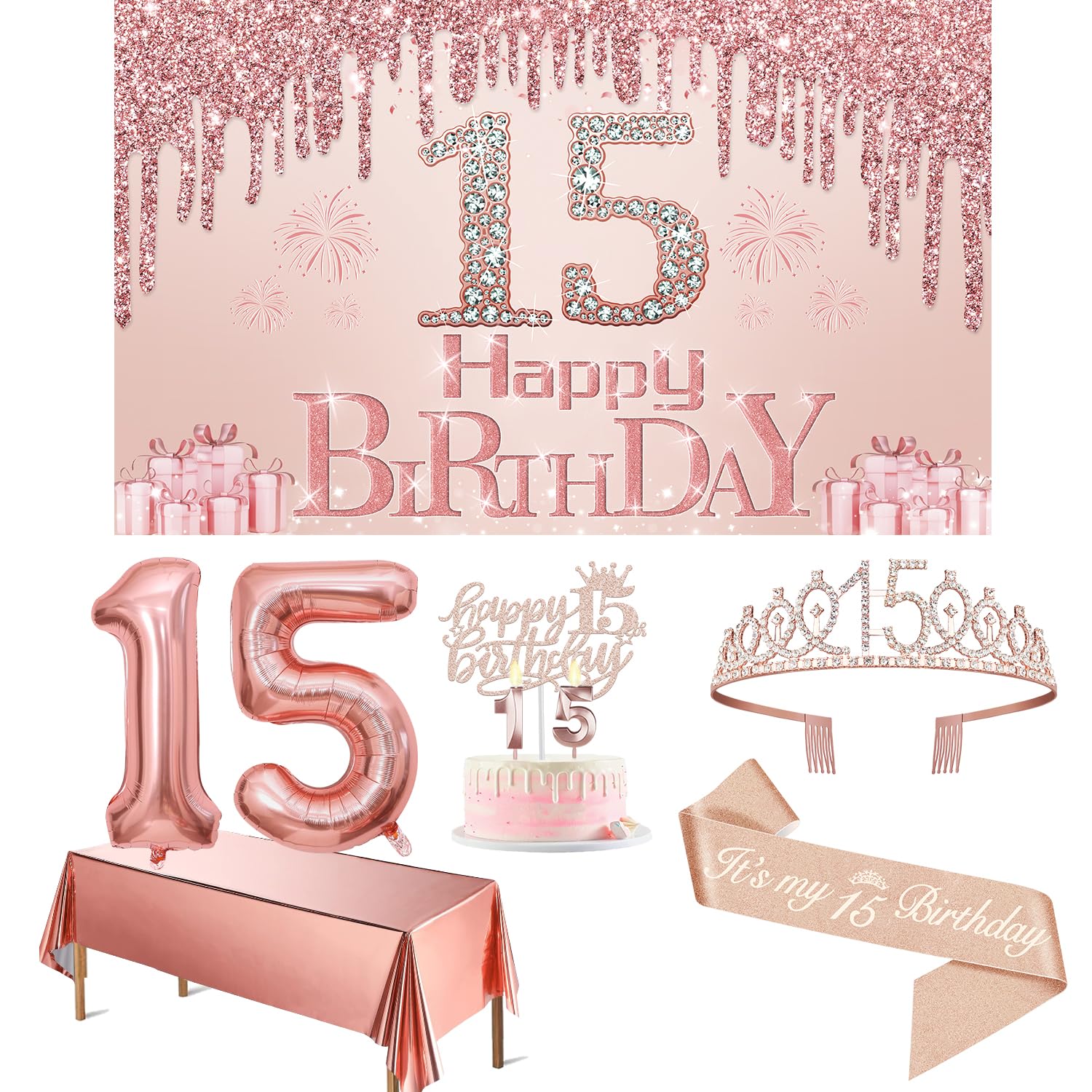 Photo 1 of 15th Birthday Decorations for Girls, Including 15th Birthday Banner, Rose Gold Tablecloth, Balloons, Sash and Tiara, Cake Topper and Candles