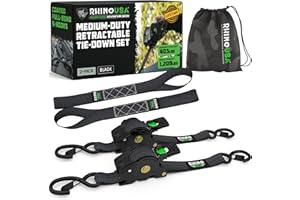Rhino USA Retractable Ratchet Straps (2-Pack) - 1 Inch x 10 Feet (1,209lb Break Strength) - Auto Self Retracting Tie Down Straps for Truck, Cargo Trailer, Motorcycle, ATV, UTV - Black