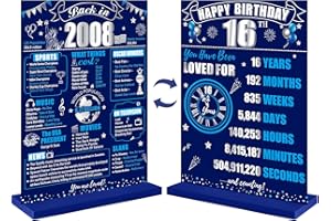 Eiurteao 16th Birthday Decorations Back in 2008 Table Sign for Boys, Blue Silver 16 Birthday Two-Sided Wooden Table Poster with Stand Party Supplies, Sixteen Years Old Bday Display Holder Table Decor