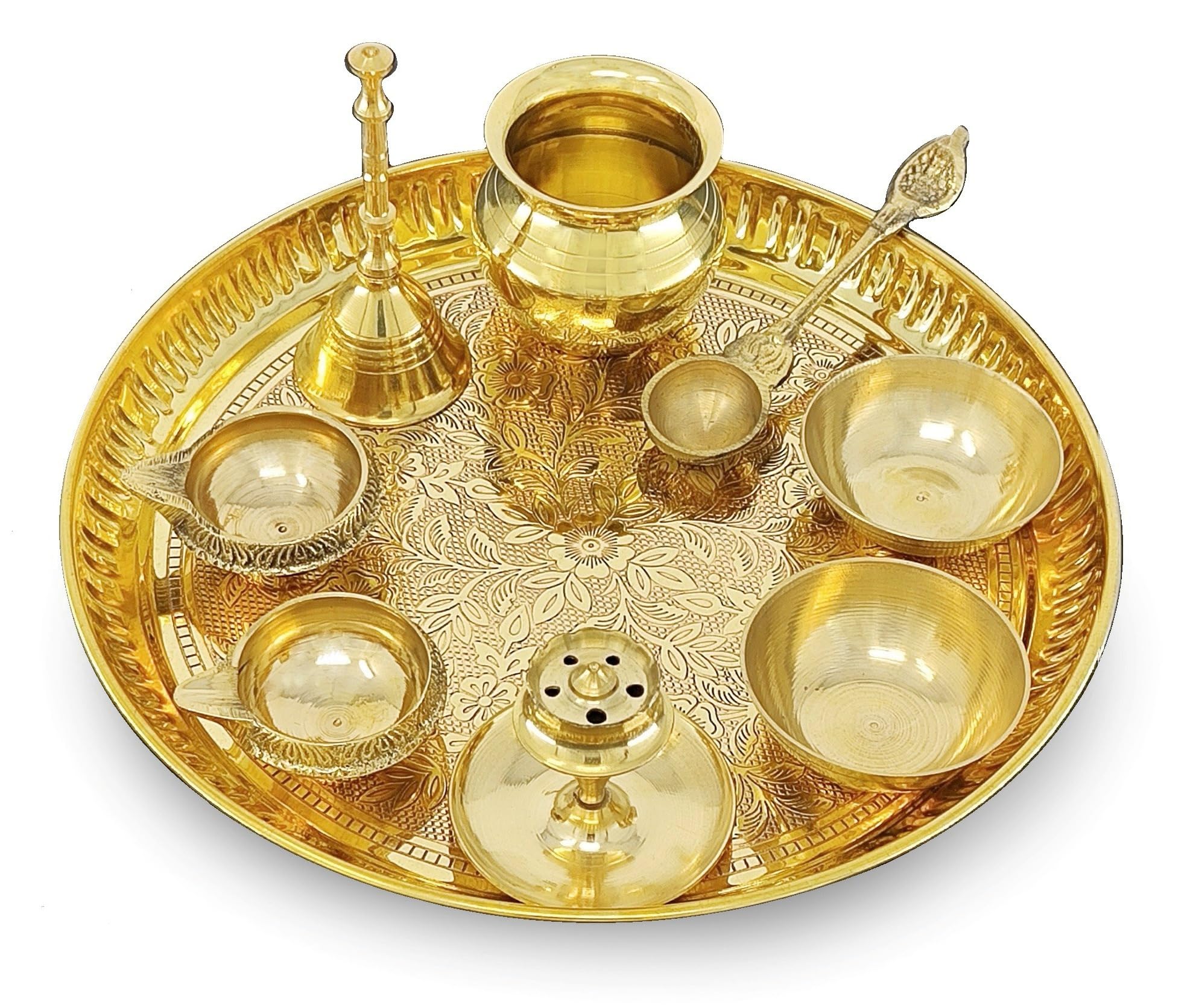 Photo 1 of NOBILITY Brass Pooja Thali Set 8 Inch Puja Thali with Pital Plate Kalash Palli Chandan Vati Kuber Deep Dhup Dan Ghanti Arti Thali for Diwali Home Office Mandir Wedding Return Gift Items