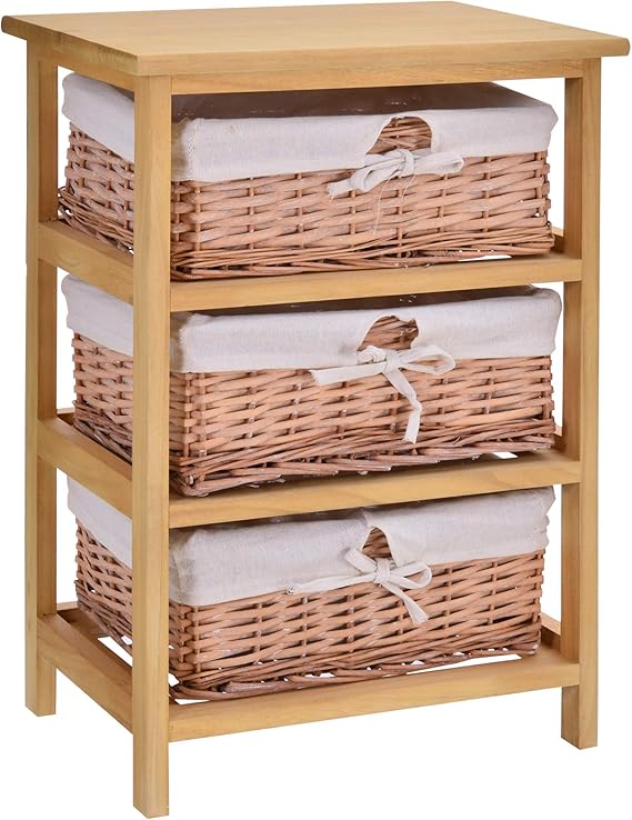 3 Drawer Dresser Wicker Basket Storage Shelf Unit Wooden Frame