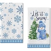 Seliem Winter Let it Snow Snowman Kitchen Dish Towel Set of 2, Blue Snowflakes Chickadee Hand Drying Baking Cooking Cloth, Christmas Tree Pine Cones Holiday Decor Home Decorations 18 x 26 Inch