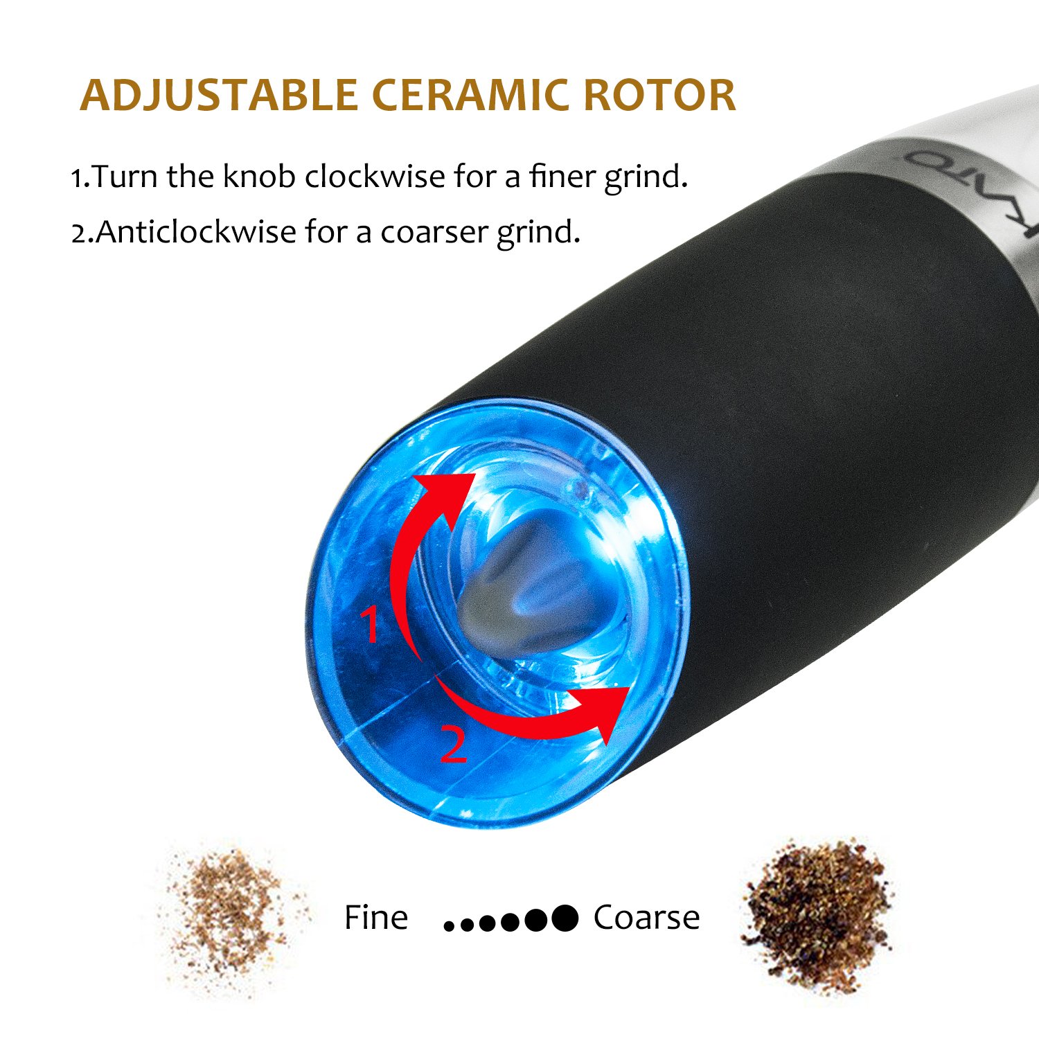 Kato Gravity Electric Salt and Pepper Grinder Set of 2 - Automatic Operation, Battery Powered, Blue LED Light - Adjustable Ceramic Grinding Coarseness Mills with Free Garlic Peeler, Black