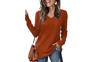 Saloogoe Womens Long Sleeve Tops V Neck Shirts Lightweight Tunic Sweaters Fashion 2024