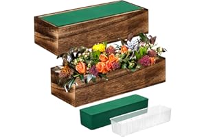 Dandat 4 Set Wood Boxes for Centerpieces 12x4 Inch Rectangle Wooden Planter Box Rustic Wood Planter with Removable Plastic Liner Floral Foam Blocks for Centerpieces Home Wedding Garden Decor