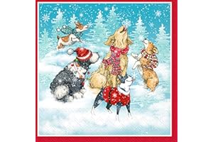 IHR Ideal Home Range Cocktail Napkins Disposable 3-Ply Paper Party Napkin Pack, 5" x 5", Dogs Catching Snowflakes, 20-Count