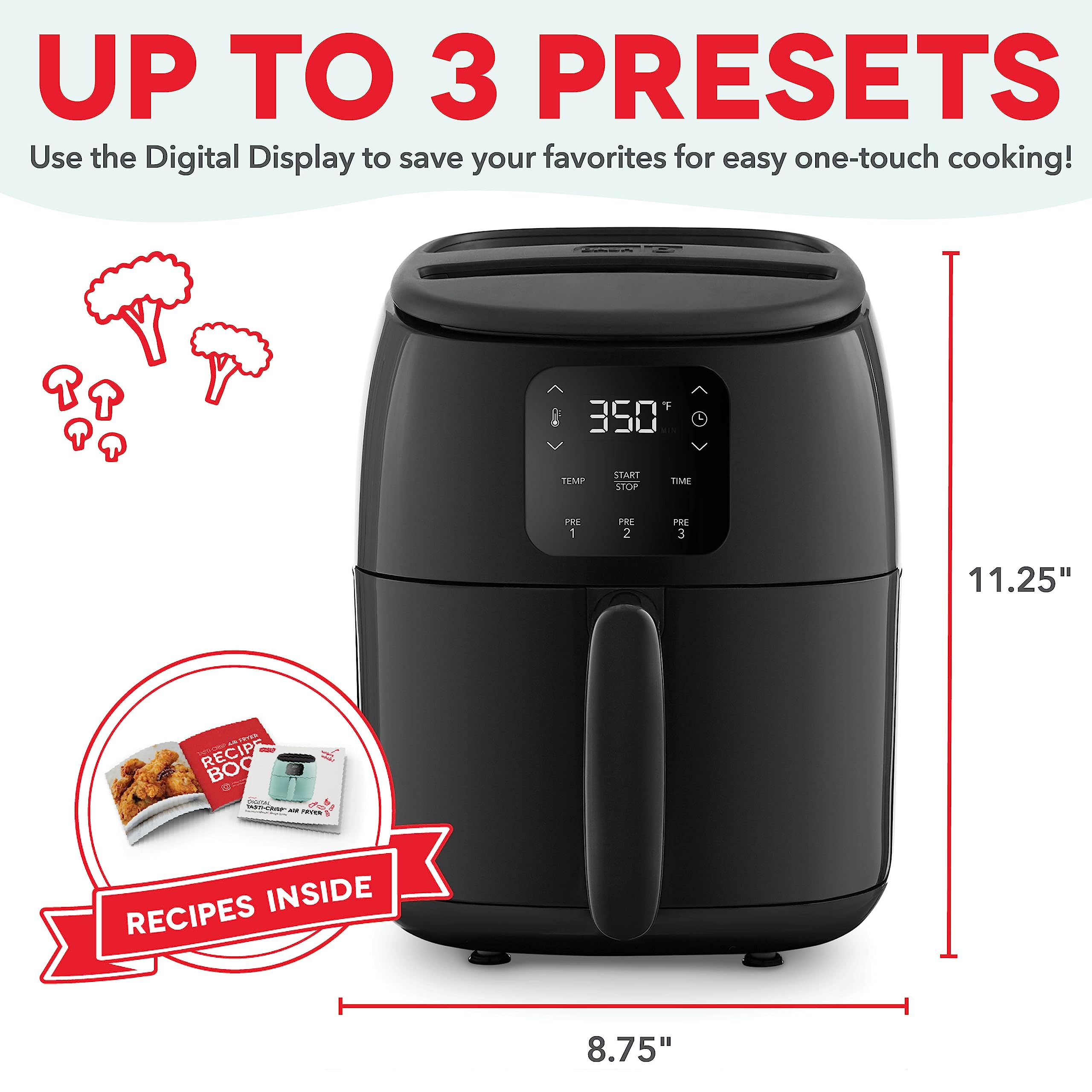 Freidora de aire eléctrica DASH Tasti-Crisp™, 2.6 cuartos, negra - Freidora de aire compacta para alimentos más saludables en minutos, ideal para espacios pequeños - Apagado automático, digital, 1000 vatios