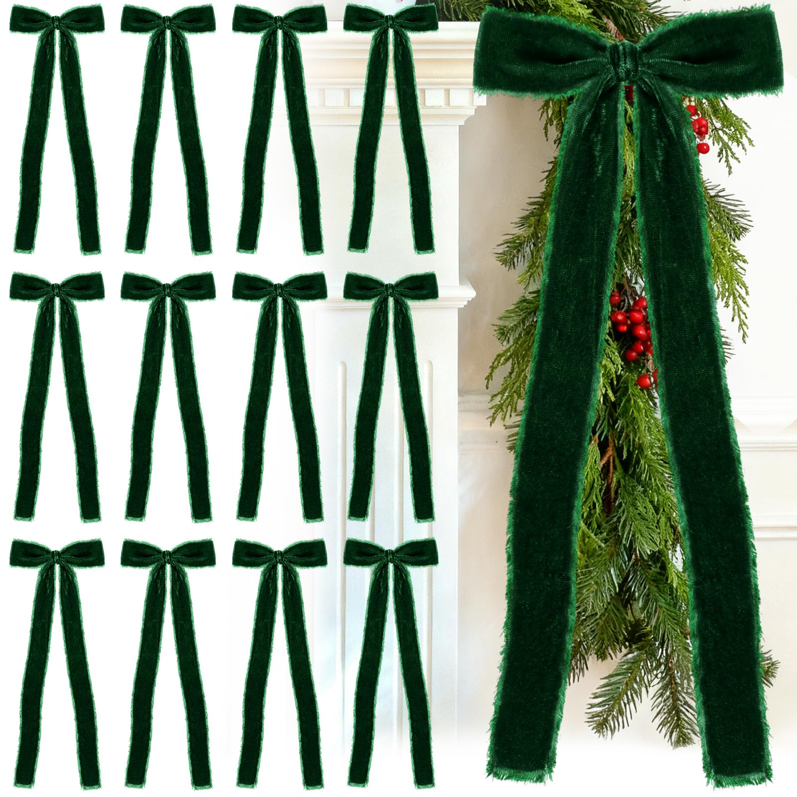 View 1 of Glitinsel 20 Pcs Forest Green Large Velvet Christmas Bows 4.7" x 11" Big Pre Tied Handmade Fringe Velvet Ribbon Bows 1" Wide Rustic Crafts Gift-Bows with Twist Tie for Gift Wrapping Christmas Decor