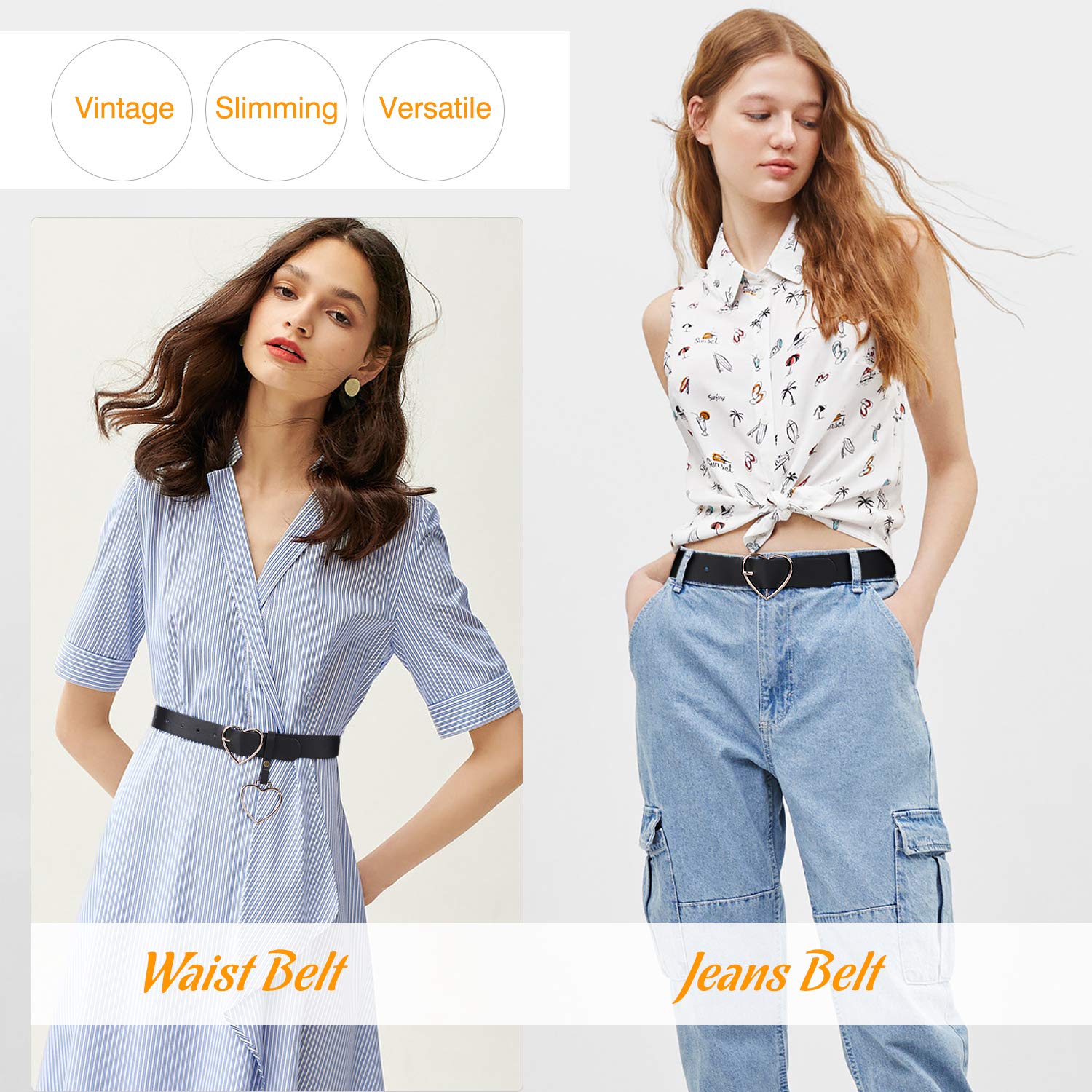 Heart-shaped Wide Black Belt with Metal Buckle for Women Girls Students Shorts Jeans Ladies Dress