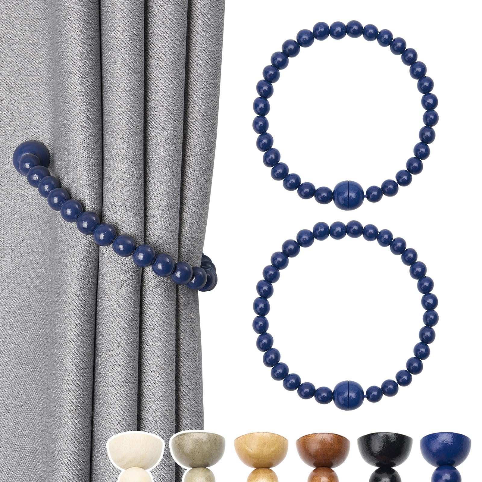 Pretty Jolly 2 Pack Wood Bead Curtain Tiebacks Boho Farmhouse Decor Drape Tie Backs Strong Magnetic Natural Wooden Beaded Curtain Holdbacks for Home & Office Outdoor Window Draperies (Dark Blue)