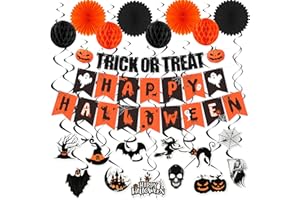 CANDYHOME Halloween Party Decorations Indoor, Happy Halloween Banner Sign Decorations Kit with Honeycomb Ball Paper Fans Pumpkin Bat Hanging Swirls Streamers for Home Party Decor
