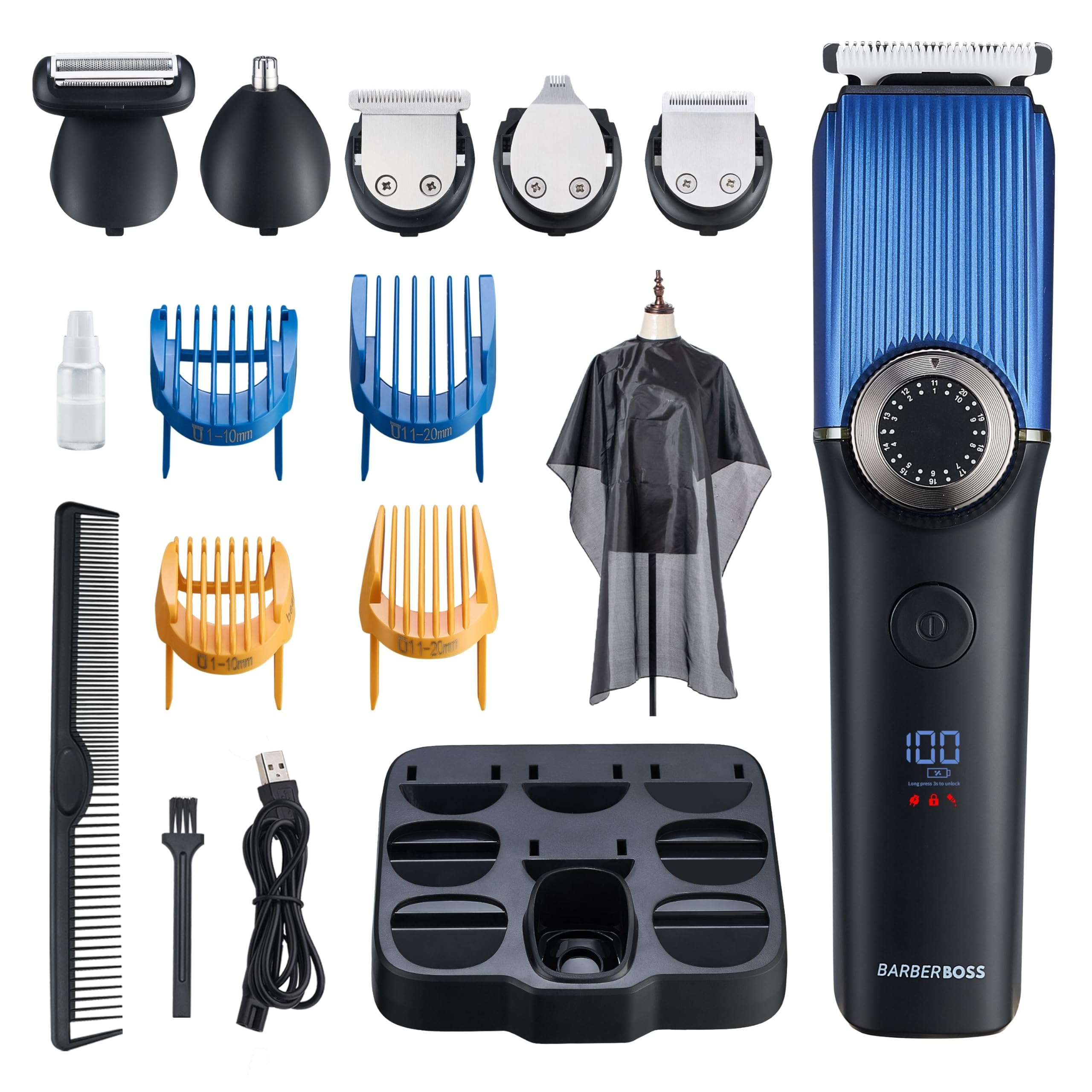 BarberBoss Beard Trimmer Men, Hair Clippers - Nose, Ear & Beard Grooming Set, Precision Dial, Ceramic Blade, Waterproof, LED Display, Rechargeable, 39 Cutting Lengths