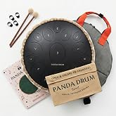 Panda Drum Pro (Black) | Steel Tongue Drum for Inside &amp; Outside | 15 Inch | with Music Book, Mallets, Carrying Bag &amp; Finger Picks | 432 Hz Rain Drum | Calming Musical Instrument for Adults