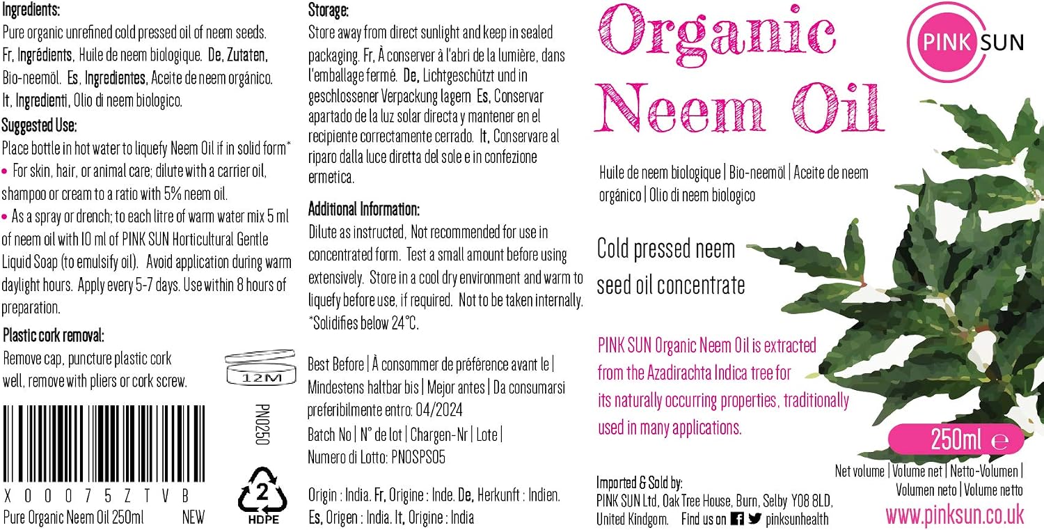 PINK SUN Aceite de Neem Puro Orgánico 250ml Virgen Prensado en ...