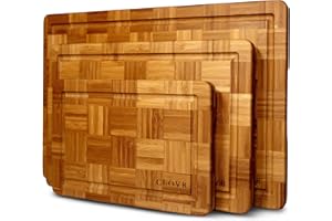 CLOVR End Grain Bamboo Cutting Board Set of 3 – Pre-Oiled Wood Cutting Boards for Kitchen with Handles, Juice Grooves & Non-S