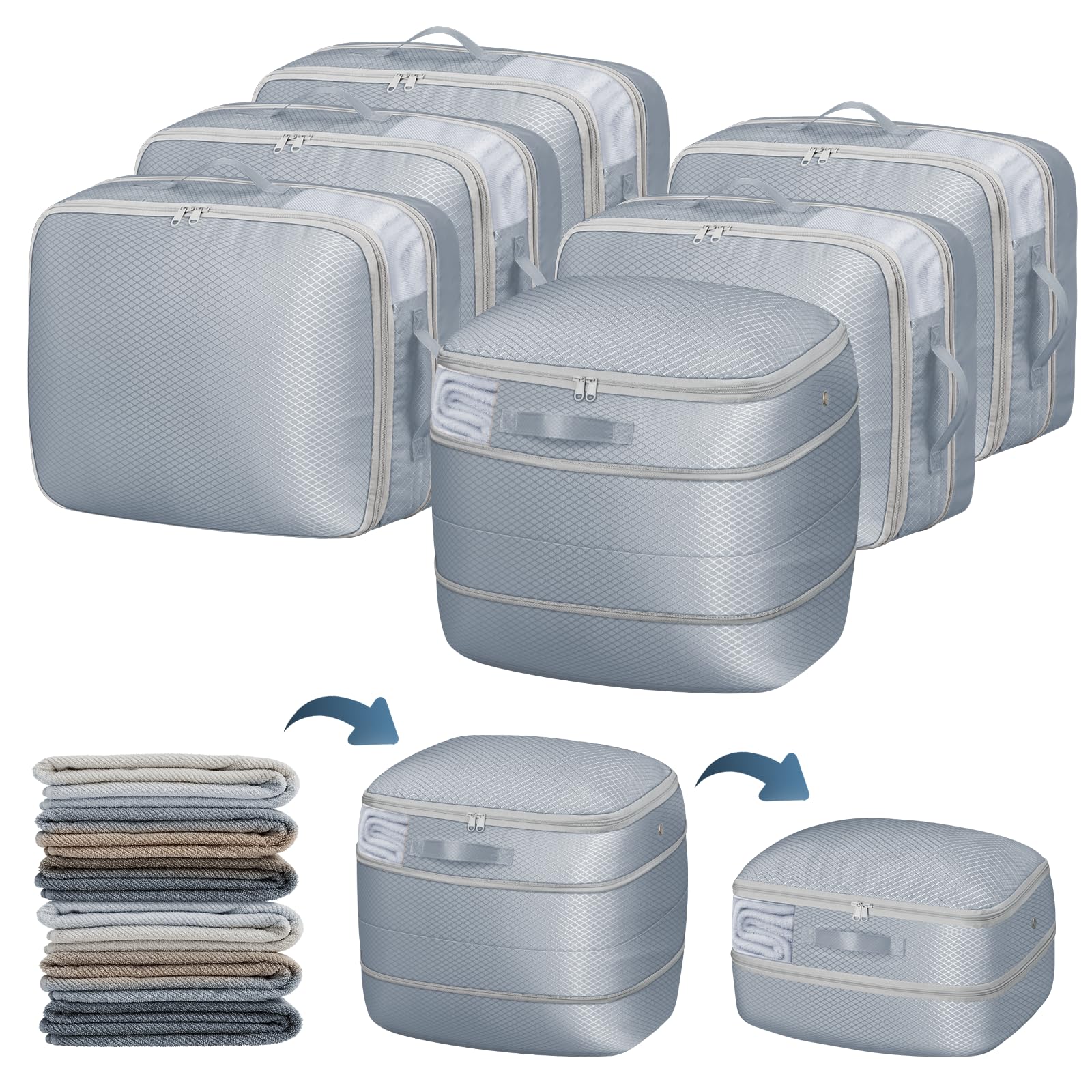Photo 1 of DIMJ Compression Storage Bags 6 Pack - Blanket Storage Bags with Window Zipper, Ultra Space Saving Self Compression Organizer for Puffer Jacket, Bedding, Lightweight Comforter Duvet, Sweater, Sheet