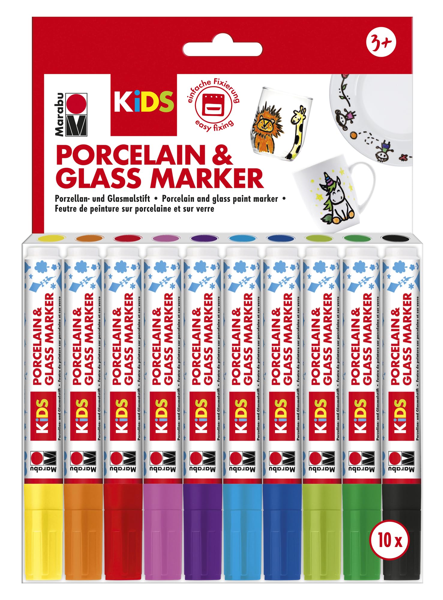Marabu 0125000000084 - Porcelain and Glass Painter Kids Set Mega Fun, porcelain crayons for children Set of 10, dishwasher safe after firing, universal tip 1 - 3 mm
