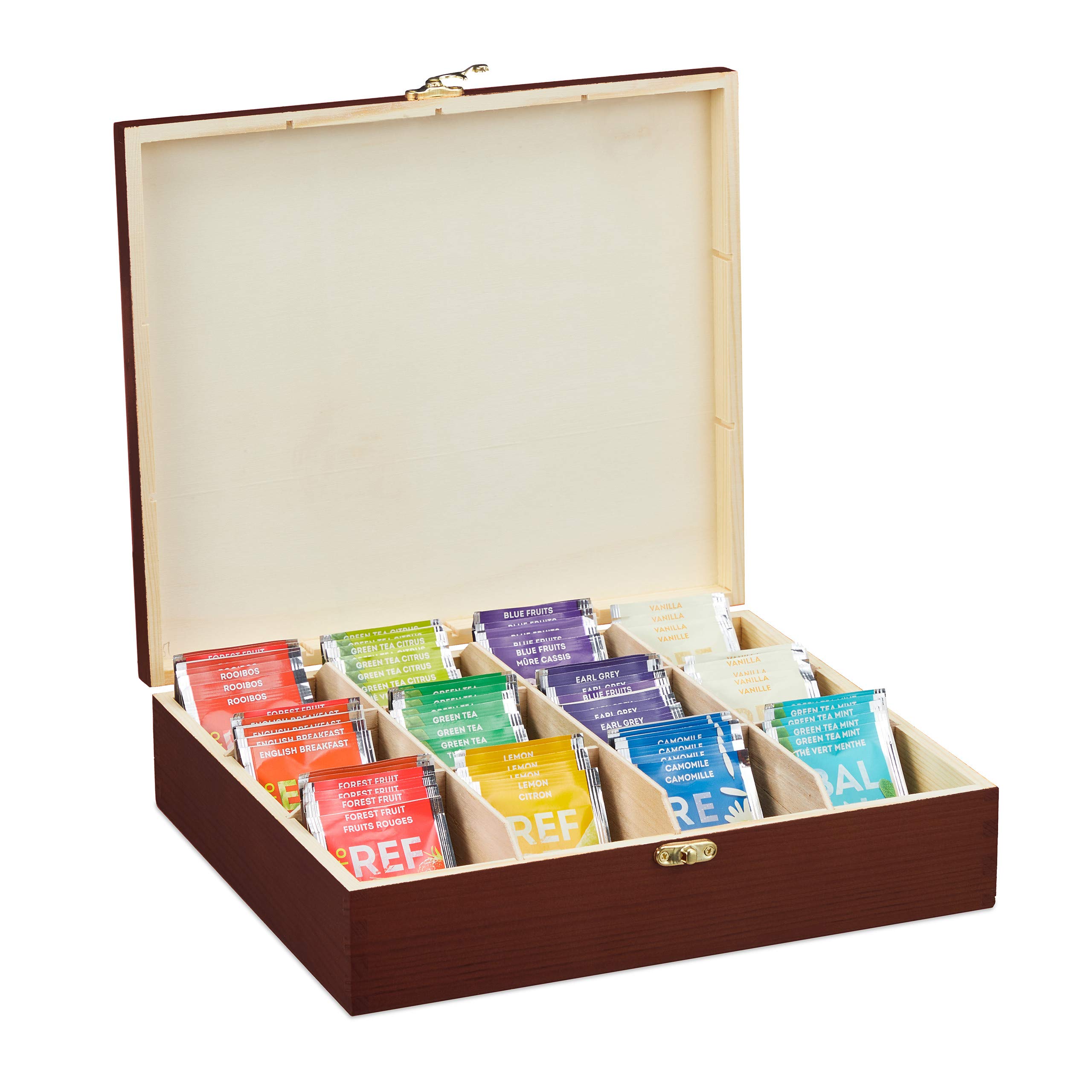 Relaxdays Tea Box, 12 Compartments, Organiser Chest, H x W x D: 7.5 x 29 x 26 cm, Wood, Brown