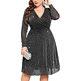 CYCLAMEN Plus Size Glitter Dress Sparkly Mesh Long Sleeve Wrap V Neck A Line for Homecoming Wedding Guest Cocktail Club Nights, Black, 2X