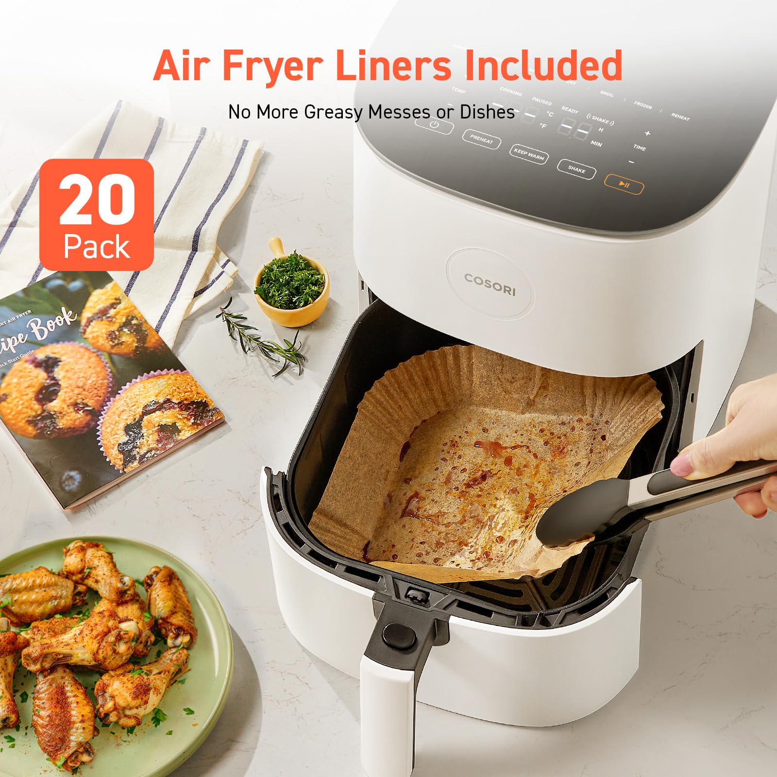 COSORI Air Fryer Pro LE Freidora de aire de 5 cuartos, con 20 revestimientos de papel, 10 funciones que secan, hornean, asan y precalientan, recordatorio de batido, hasta 450 ℉, 85 % menos de aceite, compacta, más de 130 recetas, apta para lavavajillas, blanca