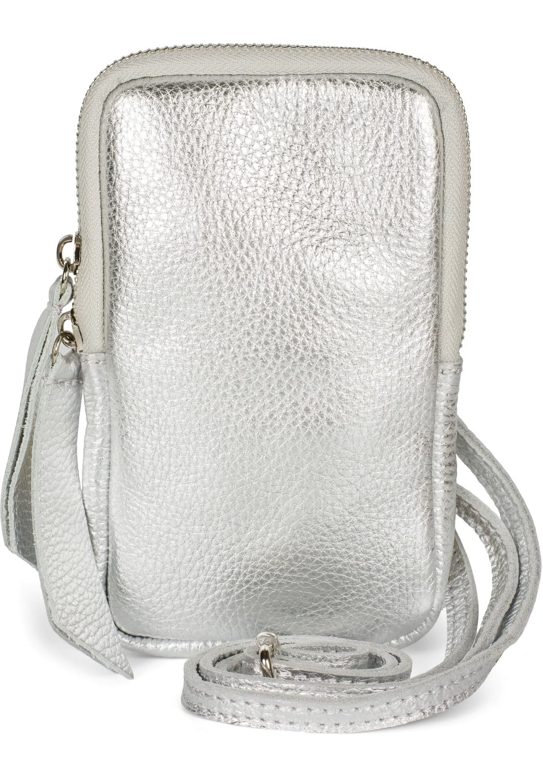 styleBREAKER Ladies Leather Mobile Shoulder Bag with Grained Surface, Zipper, Genuine Leather Mini Bag 02012374, Colour:Silver