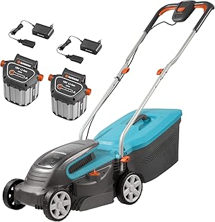 Gardena Set PowerMax Li-18/32 Akkurasenmäher: Rasenmäher bis 230 m², 32 cm Schnittbreite, 30 l Fassungsvolumen, Schnitthöhe 20-60 mm, klappbares Gestänge, mit 2 Akkus und 2 Ladegeräten (5039-20)