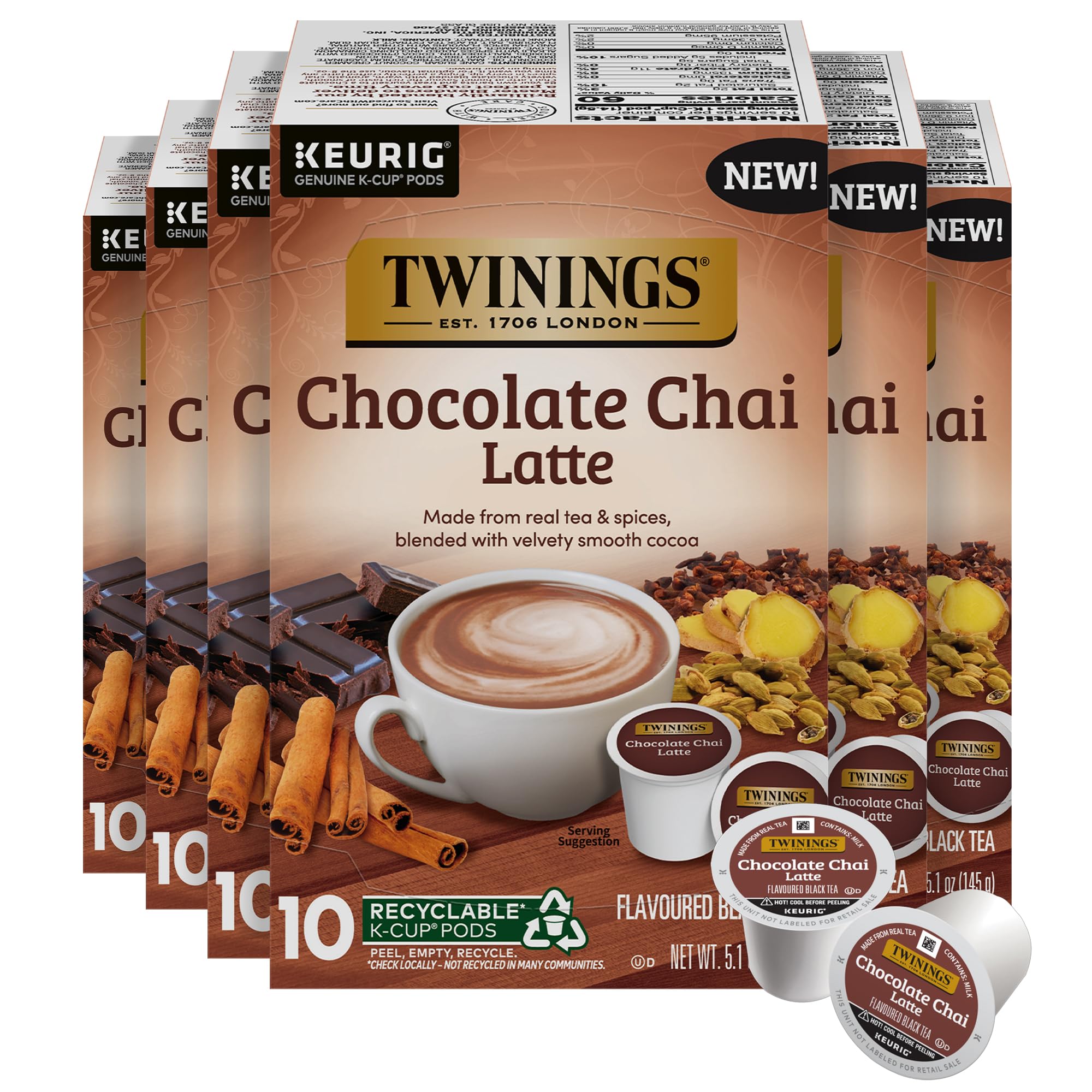 NEW Twinings Chocolate Chai Latte Tea 60 K-Cup Pods for Keurig, 10 Count (Pack of 6), Velvety Smooth Cocoa with Real Spiced Tea, Caffeinated, Enjoy Hot or Iced Image NEW Twinings Chocolate Chai Latte Tea 60 K-Cup Pods for Keurig, 10 Count (Pack of 6), Velvety Smooth Cocoa with Real Spiced Tea, Caffeinated, Enjoy Hot or Iced Image