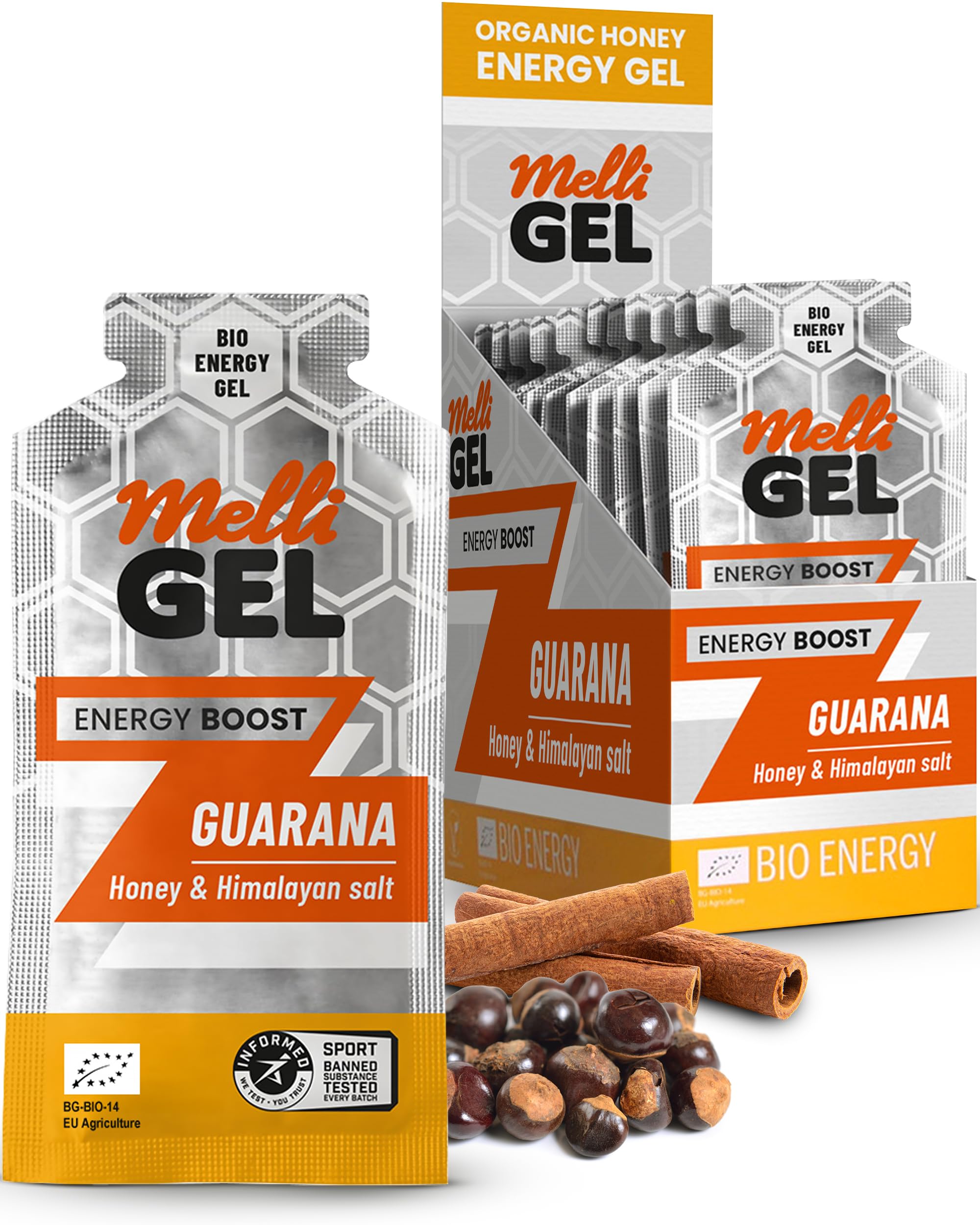 Energy Gel Guarana MelliGEL – 100% Organic Energy Gels with Honey & Himalayan Salt – Electrolyte Balance – Take Before, During & After Running and Intense Activities