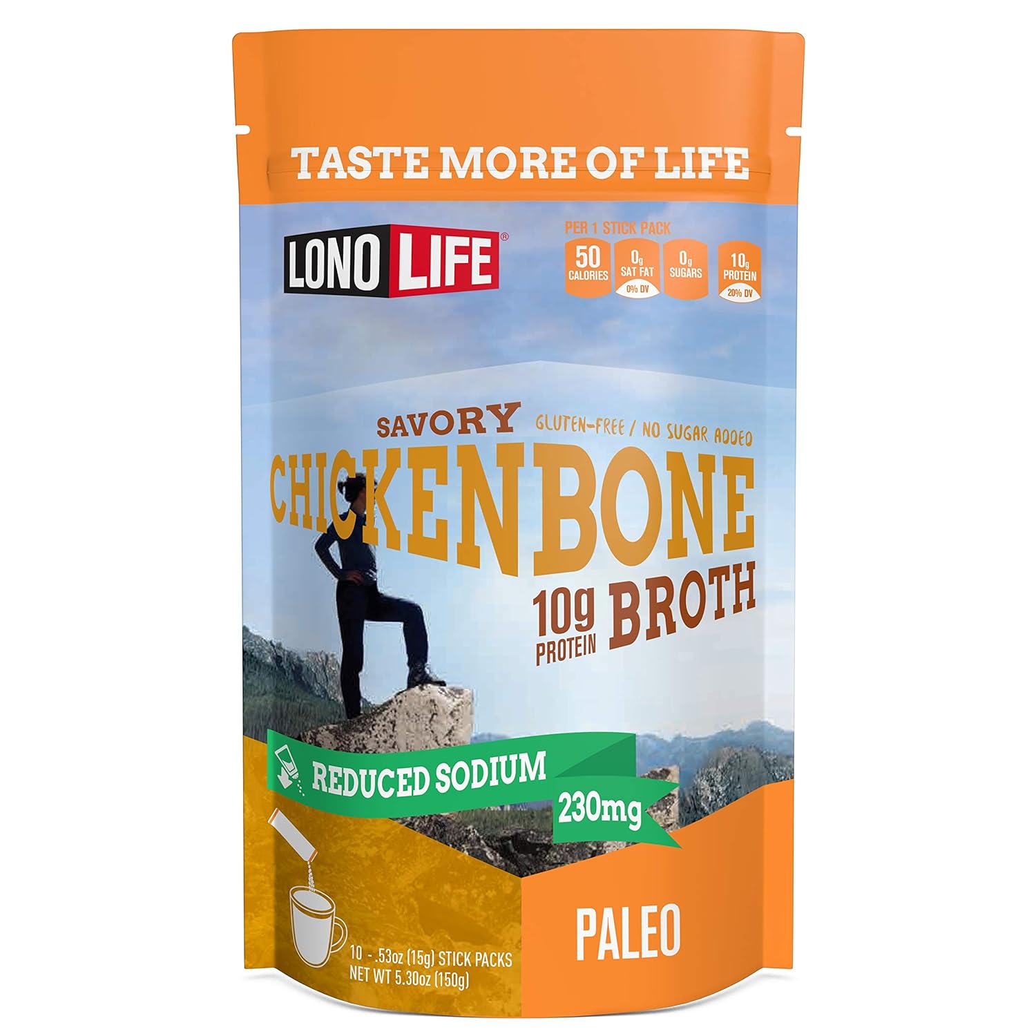 LonoLife Reduced Sodium Chicken Bone Broth Powder with 10g Protein, Paleo and Keto Friendly, Stick Packs, 10 Count