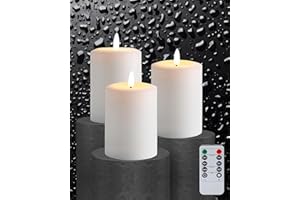 Gmnee 3"x4" Flickering Flameless Candles with Remote Timer, Real Wax, White Pillar Candles, Set of 3 Large LED Battery Operated Candles for Home, Fireplace, Centerpiece, Rustic and Farmhouse Decor