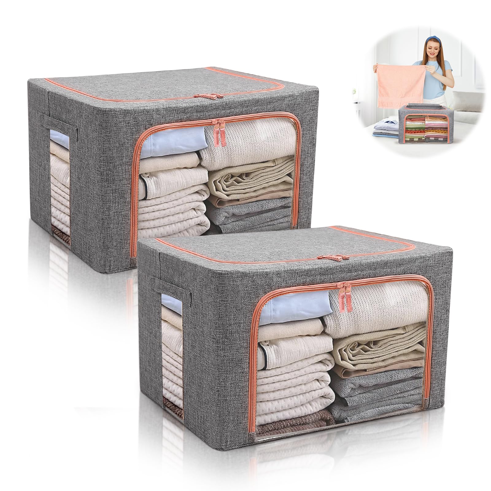 Minicoco Large Clothes Storage Bags, Closet Organizers and Storage, 2 Pack Foldable Oxford Cloth Steel Frame Box,Clear Window & Carry Handles for Moving House for Clothing (24L)