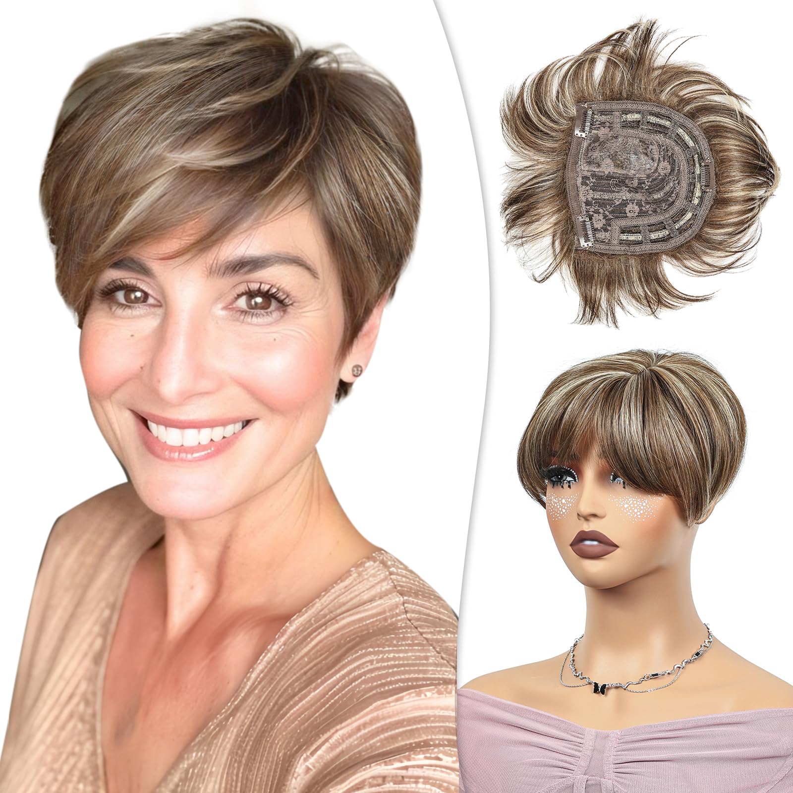Photo 1 of PHOCAS Short Hair Toppers for Women with Thinning Hair Magic Pixie Cut Topper Hair Piece Natural Synthetic Highlight Brown Toppers for Hair Loss Women Daily Use
