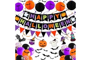 REDWORD Halloween Party Decorations, 70PCs Halloween Decorations Indoor Set Including HAPPY HALLOWEEN Banner Bat Stickers Hanging Garland Swirl Streamers Purple Orange Black Balloons for Classroom Home Decor