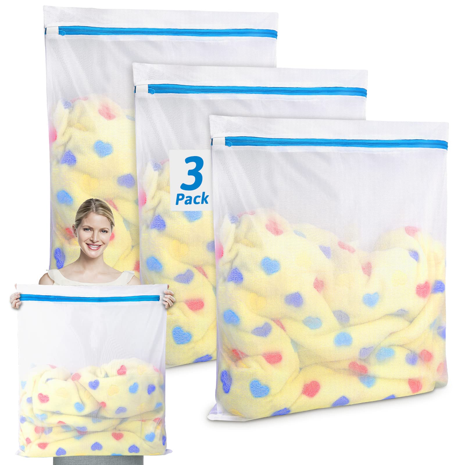 3 Pcs Extra Large Laundry Bag with Zips, XL Mesh Laundry Bags for Washing Machine, Big Net Wash Bag for Travel Travel Storage Organization for Coats, Sweaters, Blankets, Pillows, Plush Toys (24"*24")