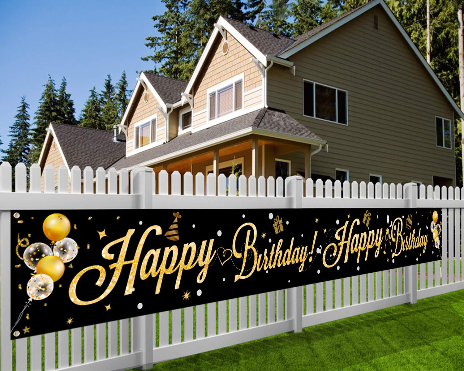 HOWAF Extra Large Happy Birthday Banner for Birthday Party Decoration Black and Gold Birthday Photo Booth Backdrop Background Banner, Birthday Party Supplies, 9 * 1.2 Feet