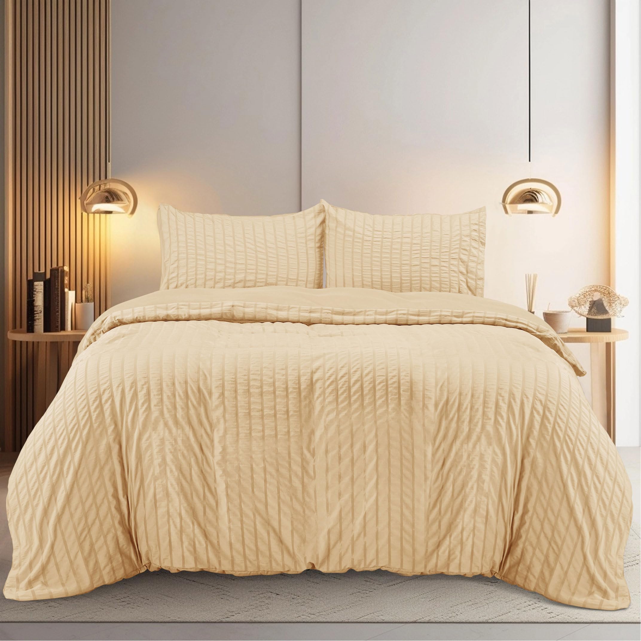 Utopia Bedding Seersucker Duvet Cover - King Size Duvet Cover Set with Pillowcases - Soft Microfibre Polyester Seersucker Bedding (Beige) — image 1