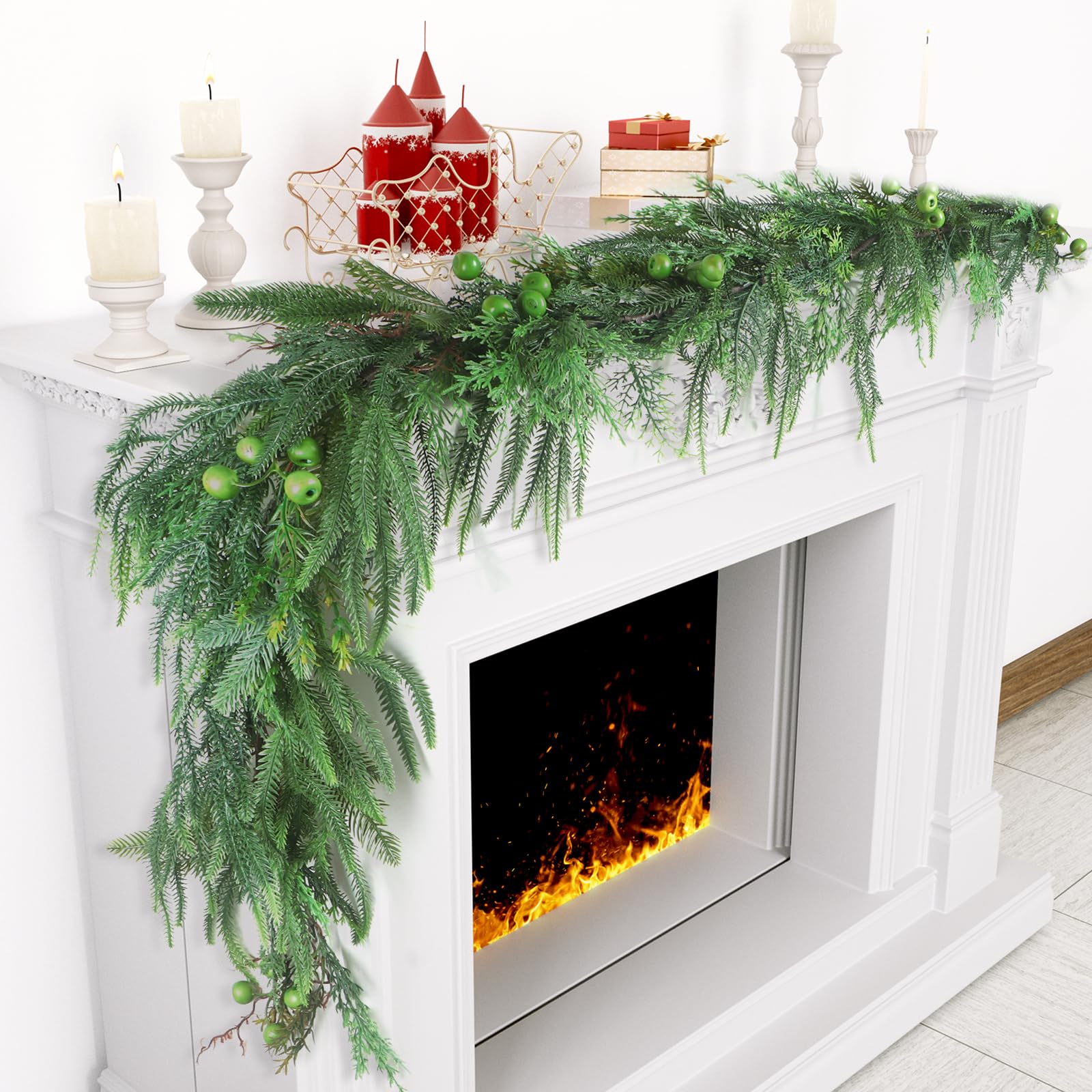 Norfolk Pine Cypress Garlands with Green Berry, 6Ft Artificial Soft Christmas Pine Garland, Green Real Touch Greenery Garland for Table, Mantle, Staires Railing, Indoor/Outdoor Christmas Decorations.