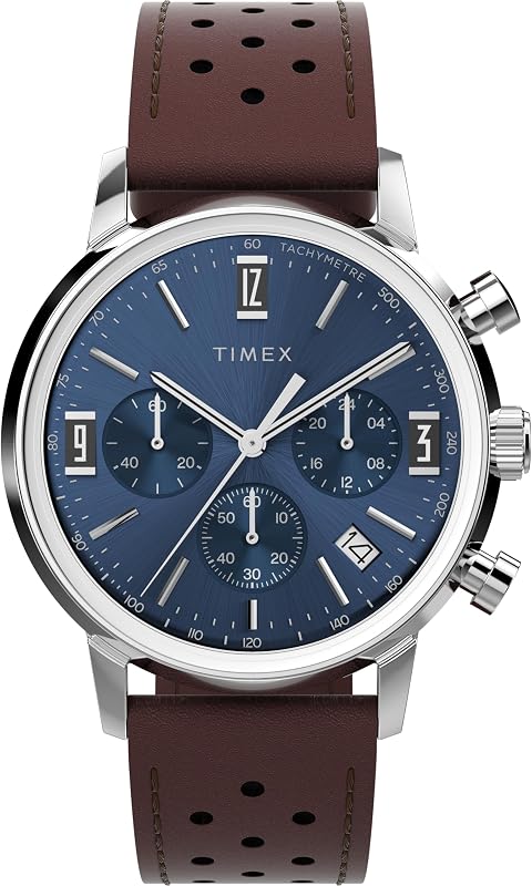 Marlin Chronograph - relógio masculino de 40mm, correia de libertação rápida em pele castanha, mostrador azul, caixa em aço inoxidável TW2W10200