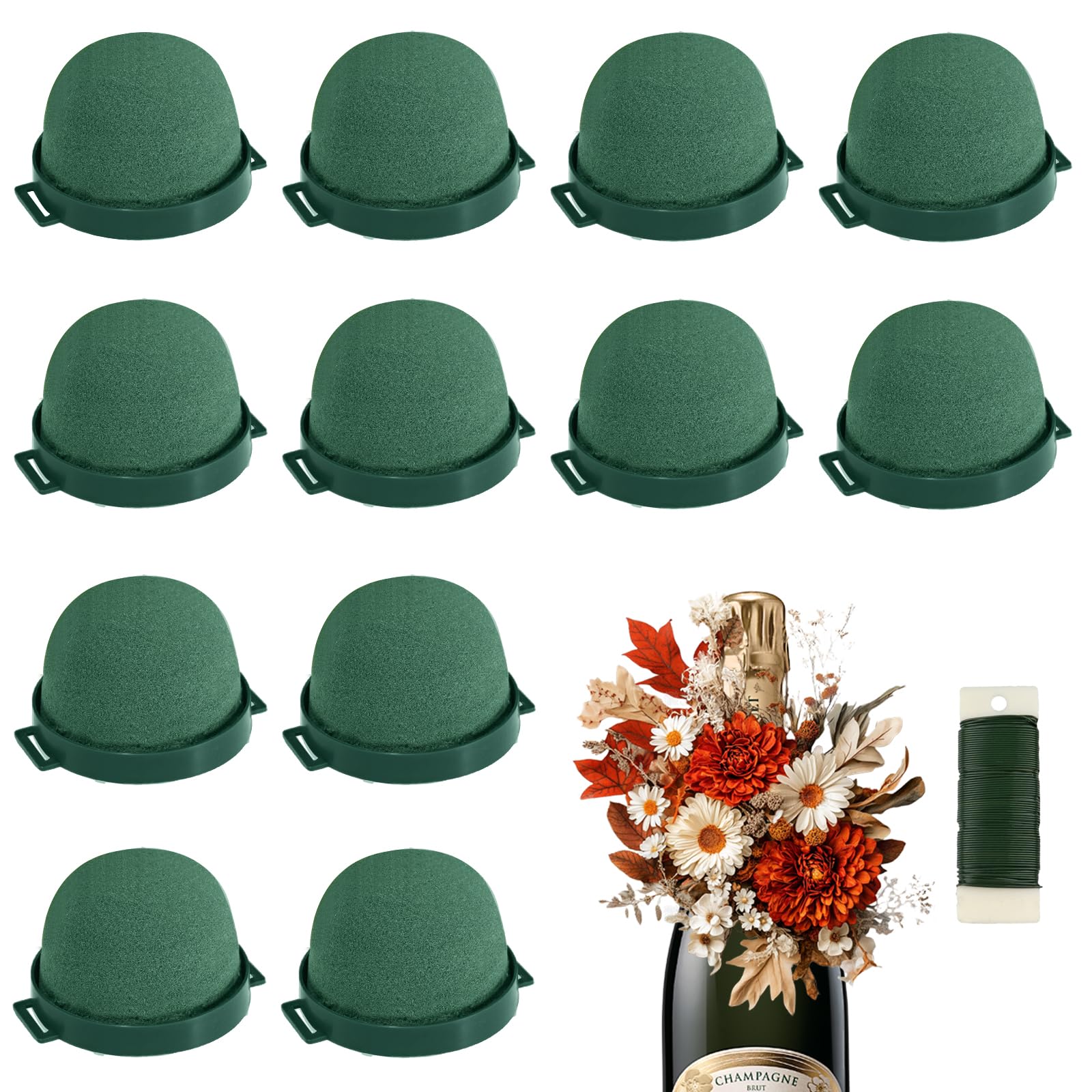 Photo 1 of 12Pcs Mini Floral Foam Holder Round, Green Wine Bottle Floral Foam Bouquet Holders for Fresh/Artificial Flowers with Floral Wire for Wedding Party Decor, Table Centerpieces, DIY Arrangements Supplies